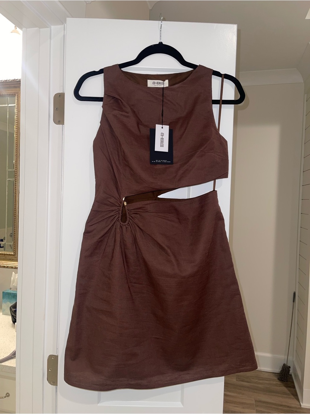 Sleeveless Brown Midi Dress with Side Cutout and Ring Detail